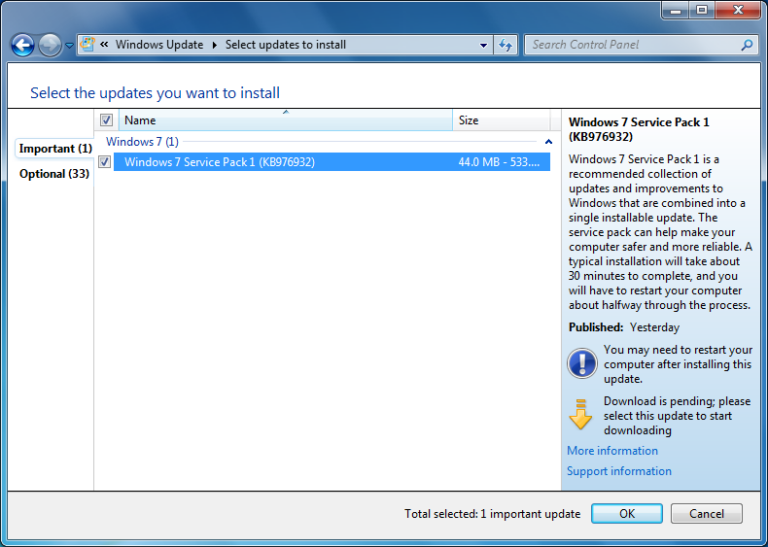Downloading and Installing Windows 7 Service Pack One