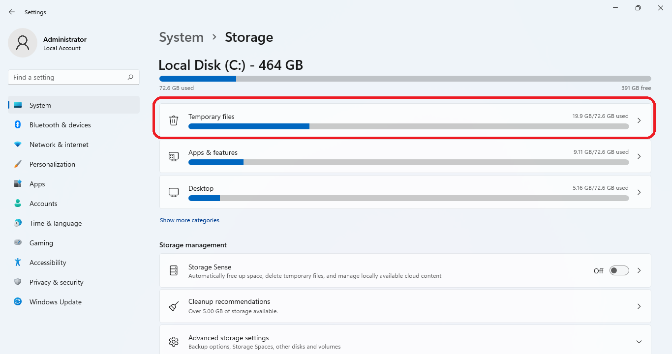 Previously captured Windows Storage settings screen