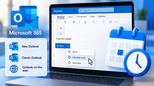 Outlook Schedule send tutorial illustration with email compose window, calendar, clock, and new classic web Outlook options