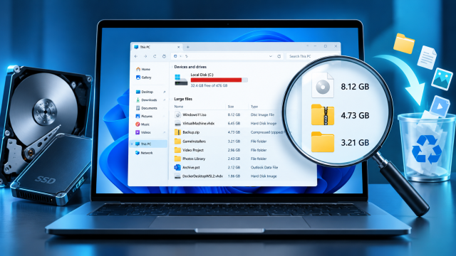 Windows 11 File Explorer with large files, magnifying glass, SSD and disk cleanup concept