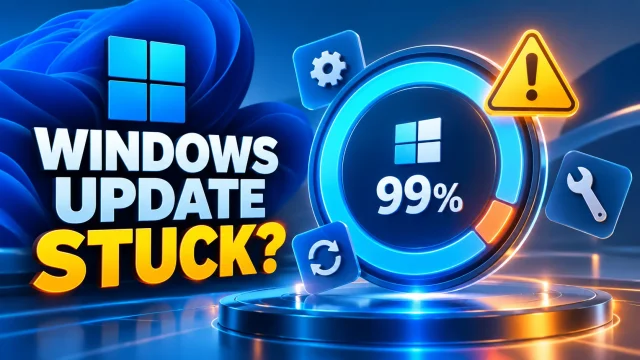 Windows 11 update progress stuck at 99 percent, troubleshooting illustration