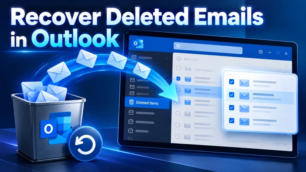 Recover Deleted Emails in Outlook tutorial featured image showing the Deleted Items folder and restoring email messages